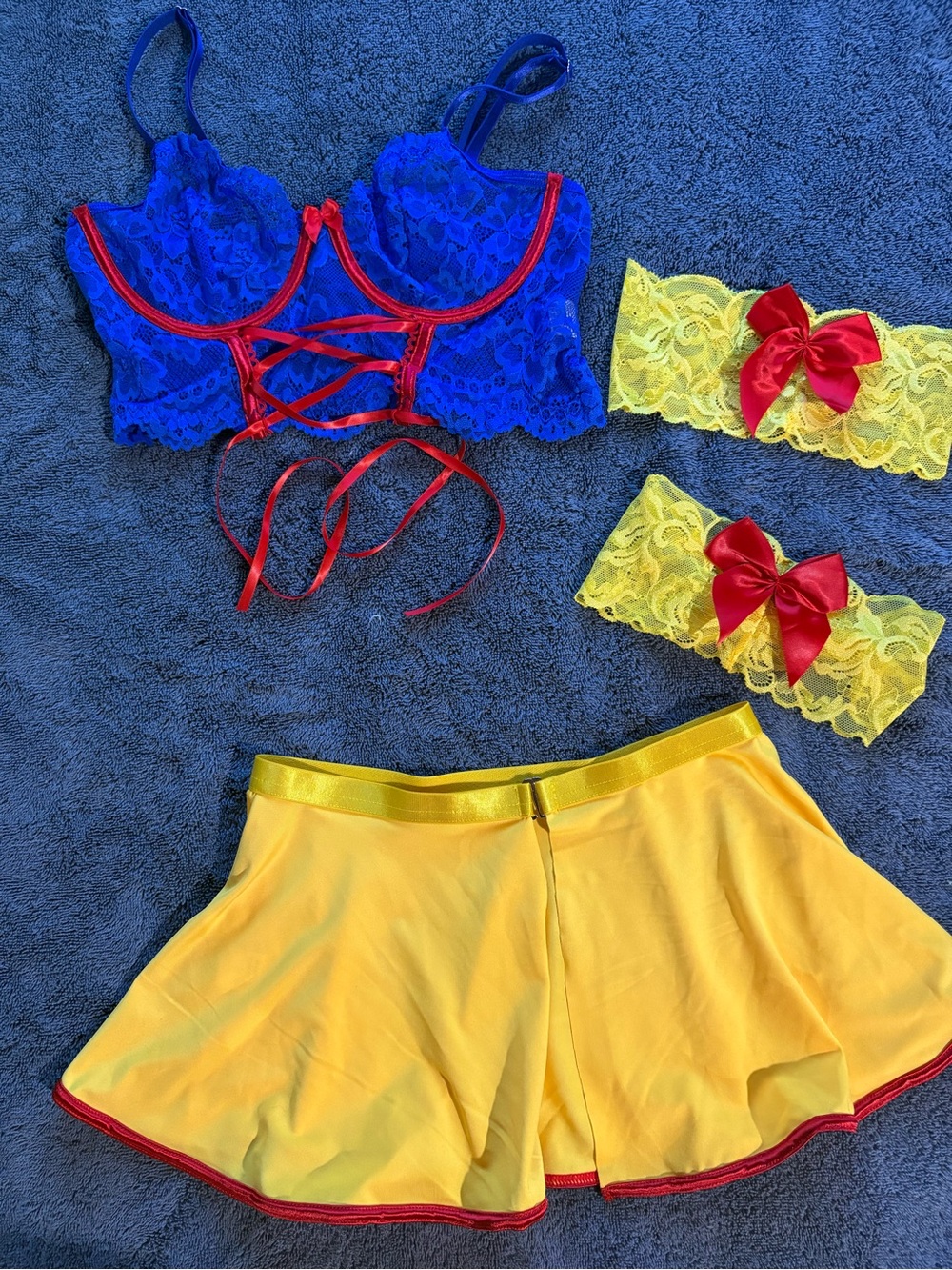 Blue Lace Bralette Set with Yellow Lace Accessories and Yellow Skirt